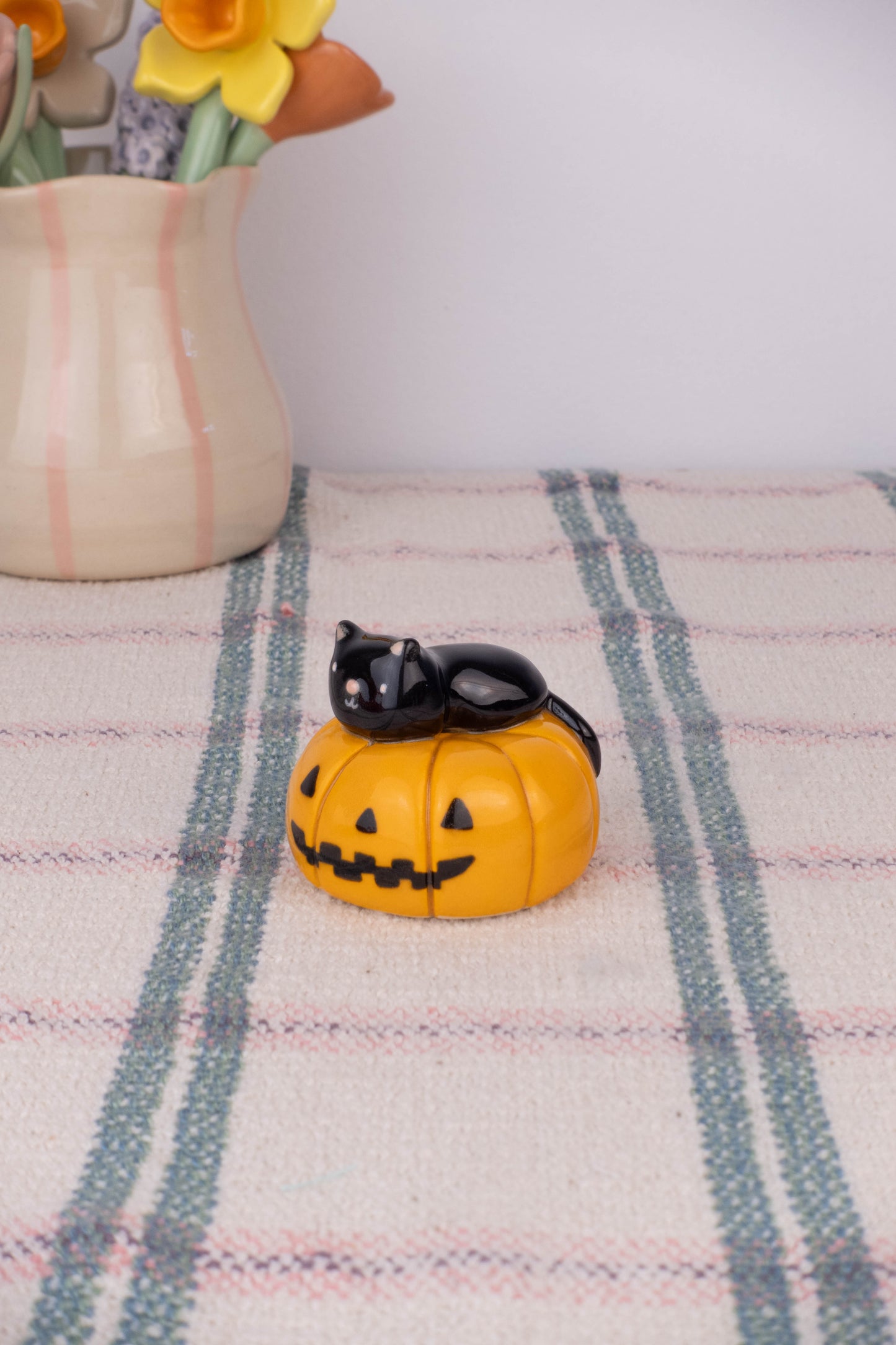 Mini Black Cat on a Pumpkin