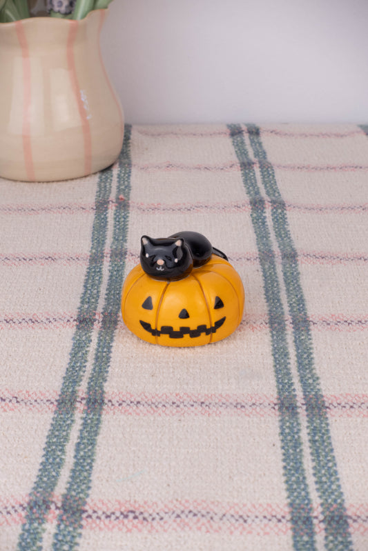 Mini Black Cat on a Pumpkin