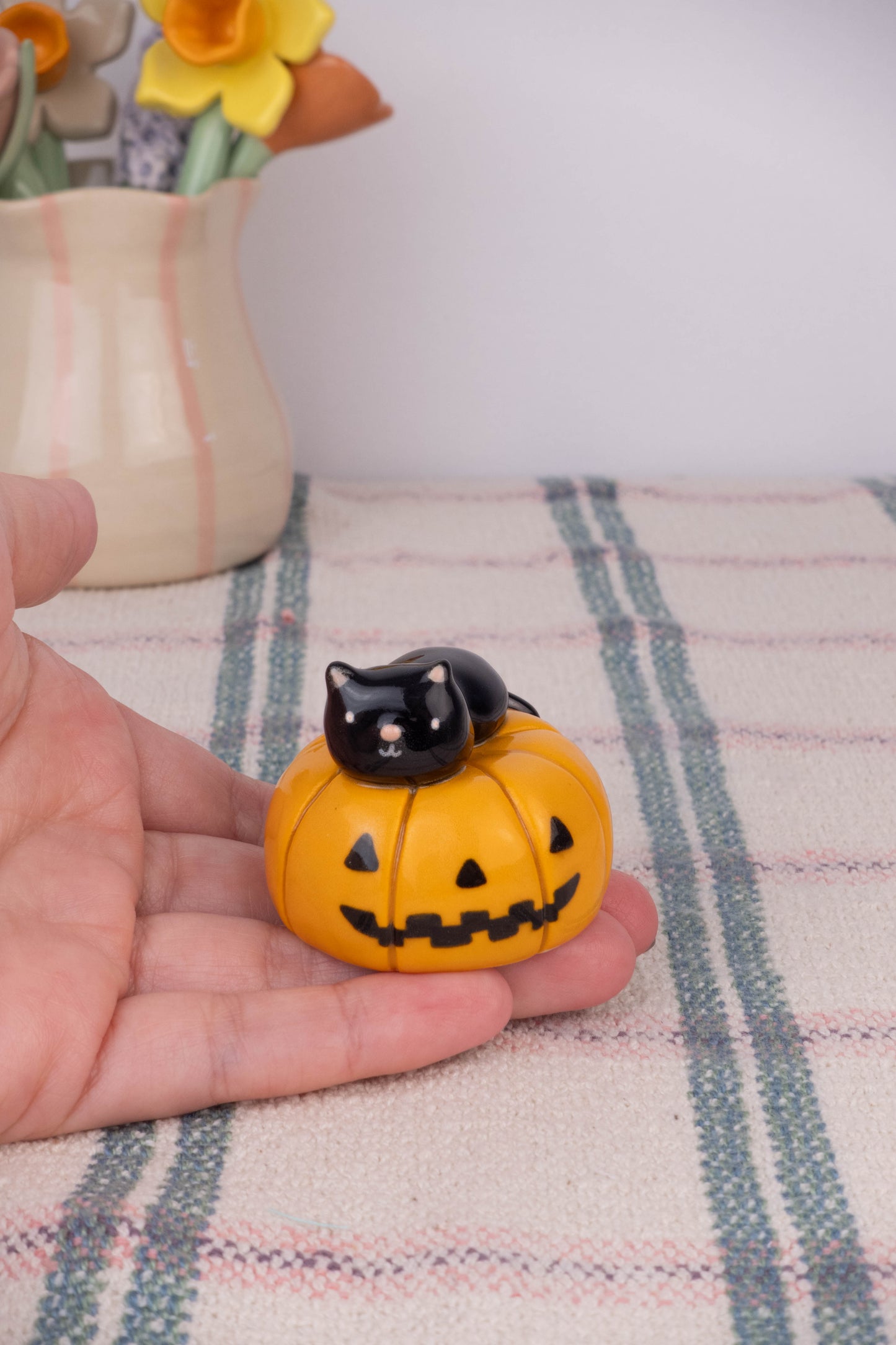 Mini Black Cat on a Pumpkin