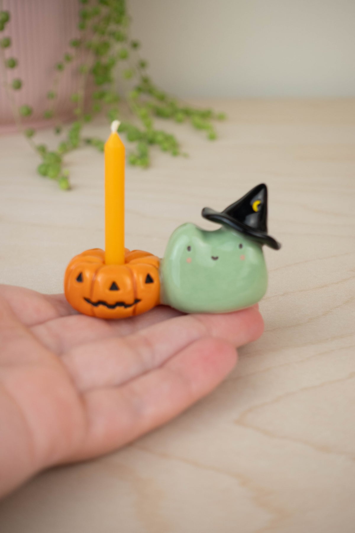 Witch Frog and Pumpkin Candle Holder