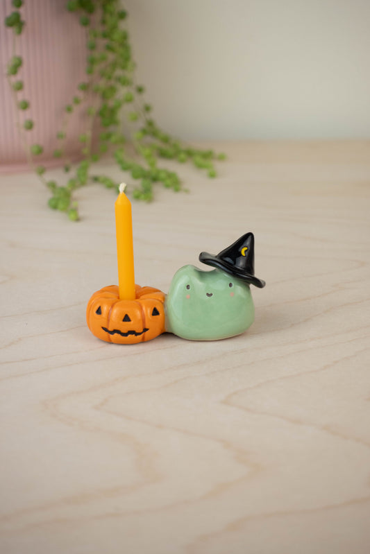 Witch Frog and Pumpkin Candle Holder